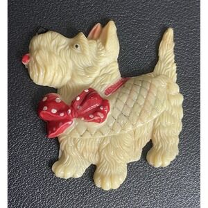 Vintage Celluloid Scottie Brooch Dog Pin Red Bow Animal Jewelry